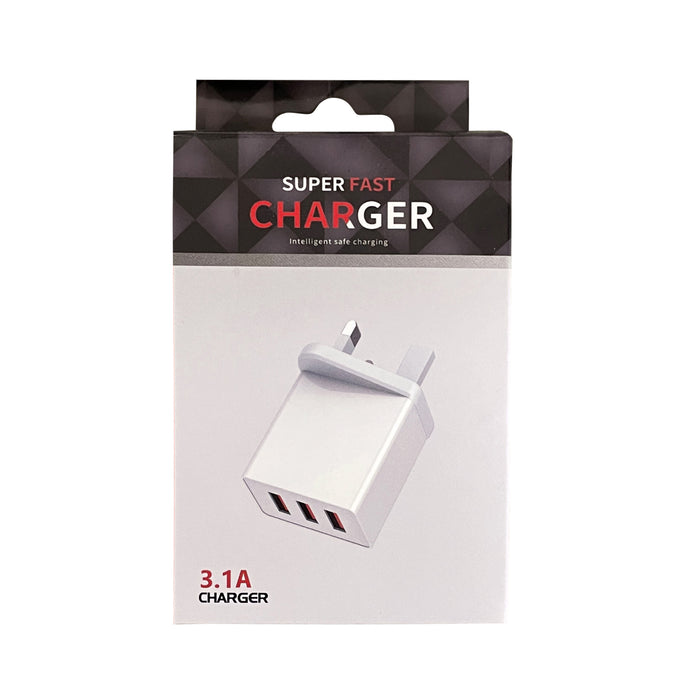 3 Port 3.1A USB A To Mains Plug Adapter - White - USB-3PIN/3.1A
