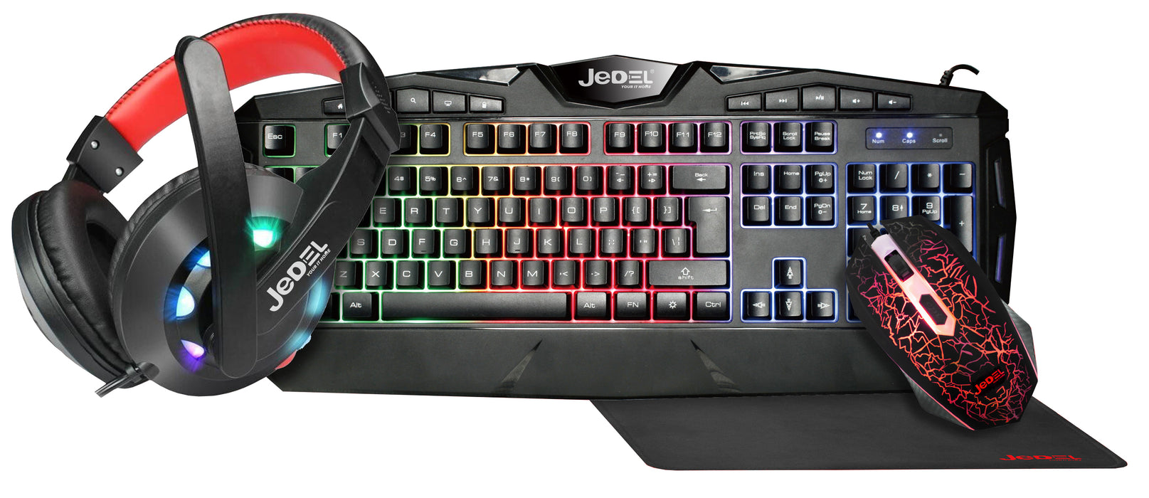 Jedel Knights Templar Elite 4 In 1 RGB Gaming Set - Keyboard And Mouse With Headset & XL Mouse Mat - KB-JED-CP04