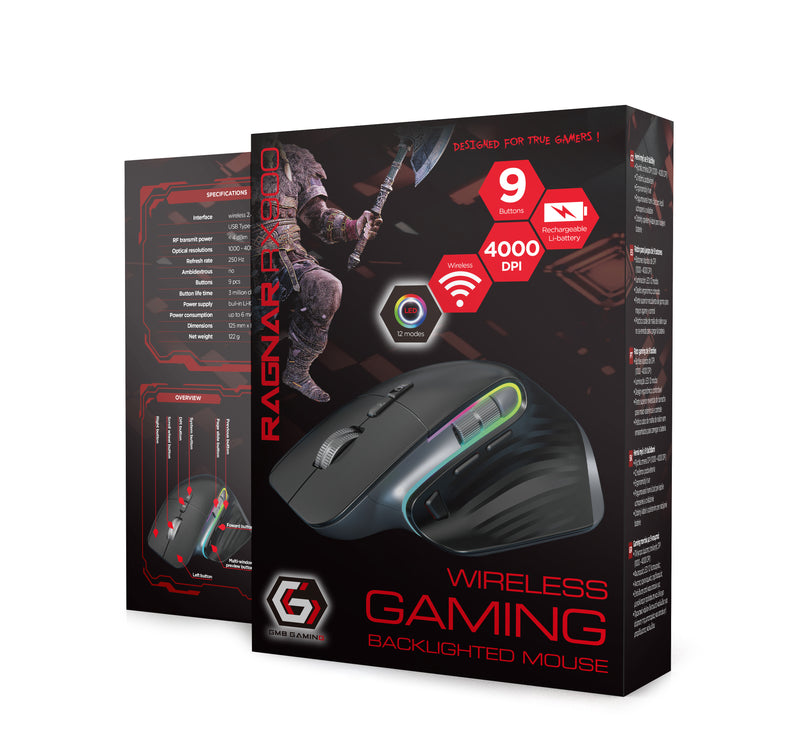 Gembird 9-Button Rechargeable Wireless RGB Gaming Mouse - MSE-RAGNAR