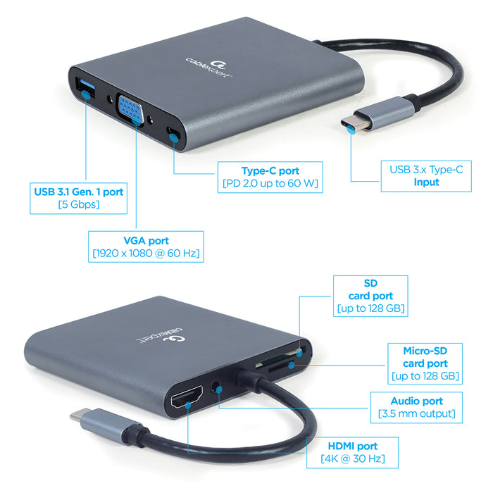 Cablexpert USB Type-C 6-in-1 Multi-Port Adapter - USB-HUB-C-6/1