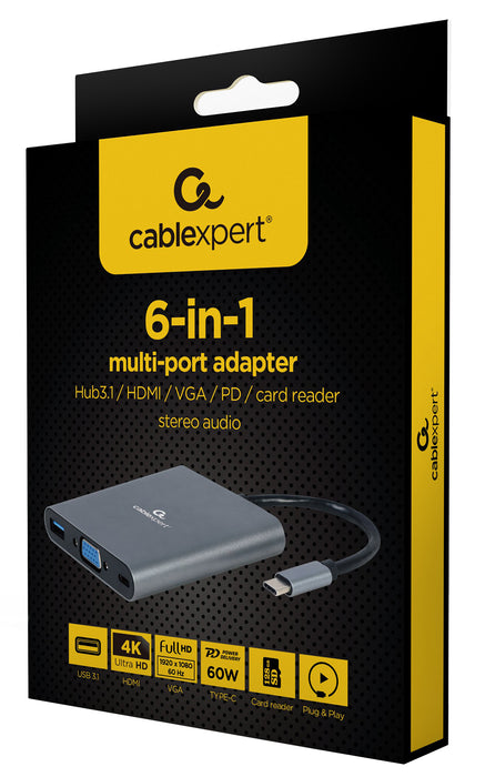 Cablexpert USB Type-C 6-in-1 Multi-Port Adapter - USB-HUB-C-6/1