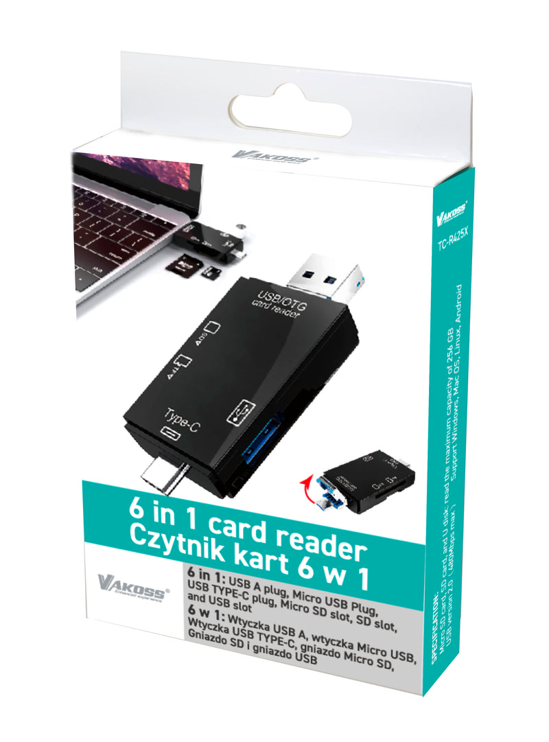 Vakoss 6-In-1 USB & Type C SD/Micro Card Reader - Black - VAK-R425X