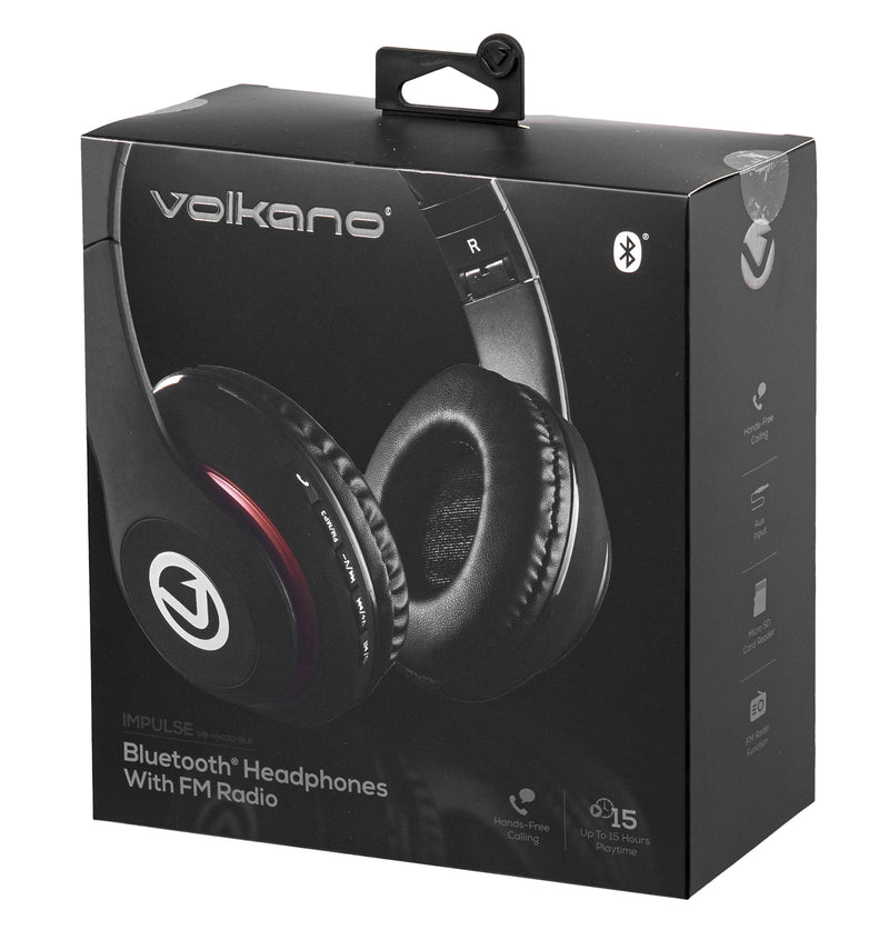 Volkano Impulse Bluetooth Headphones - Built In FM Radio & Micro SD Card Reader - Black - VOLK-100/BLK