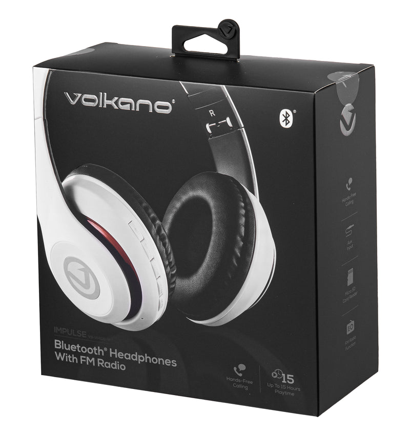 Volkano Impulse Bluetooth Headphones - Built In FM Radio & Micro SD Card Reader - White - VOLK-100/WHT