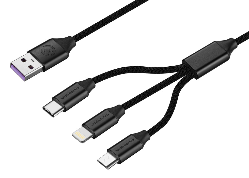 Volkano Weave Series 60W 3-in-1 USB A To Type-C, Lightning and Micro Charging Cable - 1M - VOLK-VK20111