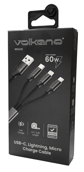 Volkano Weave Series 60W 3-in-1 USB A To Type-C, Lightning and Micro Charging Cable - 1M - VOLK-VK20111