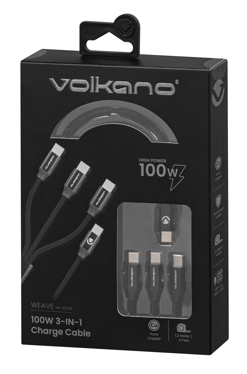 Volkano Weave Series 100W 3-in-1 Type-C Charging Cable - 1.2m - VOLK-20238/BK
