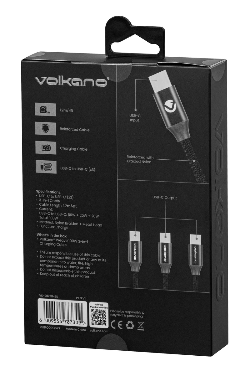 Volkano Weave Series 100W 3-in-1 Type-C Charging Cable - 1.2m - VOLK-20238/BK