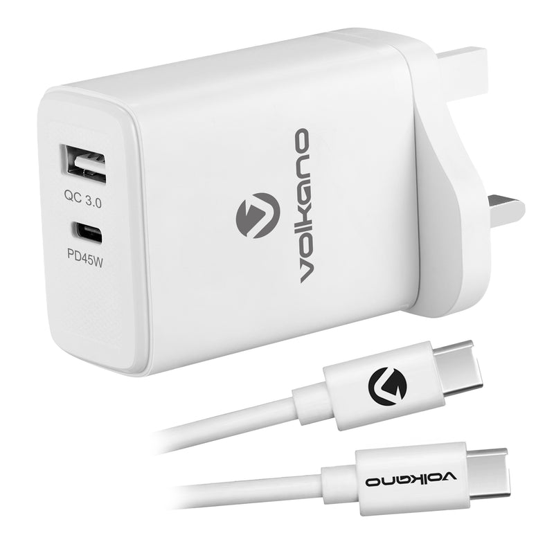 Volkano 45W GaN PD & QC Dual USB Port Wall Charger With Cable - White - VOLK-8024