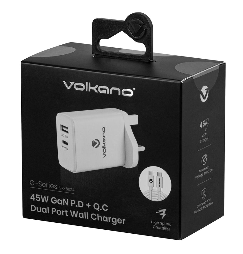 Volkano 45W GaN PD & QC Dual USB Port Wall Charger With Cable - White - VOLK-8024