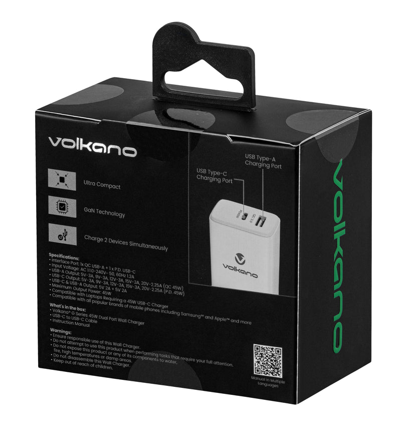 Volkano 45W GaN PD & QC Dual USB Port Wall Charger With Cable - White - VOLK-8024