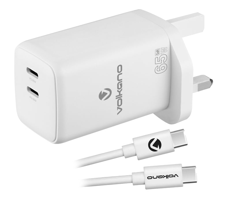 Volkano 65W GaN PD & Dual USB Type C Wall Charger With Cable - White - VOLK-8070