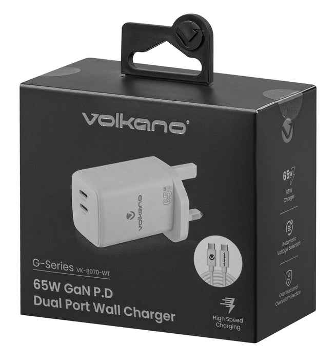 Volkano 65W GaN PD & Dual USB Type C Wall Charger With Cable - White - VOLK-8070