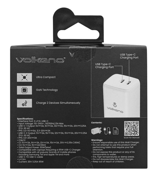Volkano 65W GaN PD & Dual USB Type C Wall Charger With Cable - White - VOLK-8070
