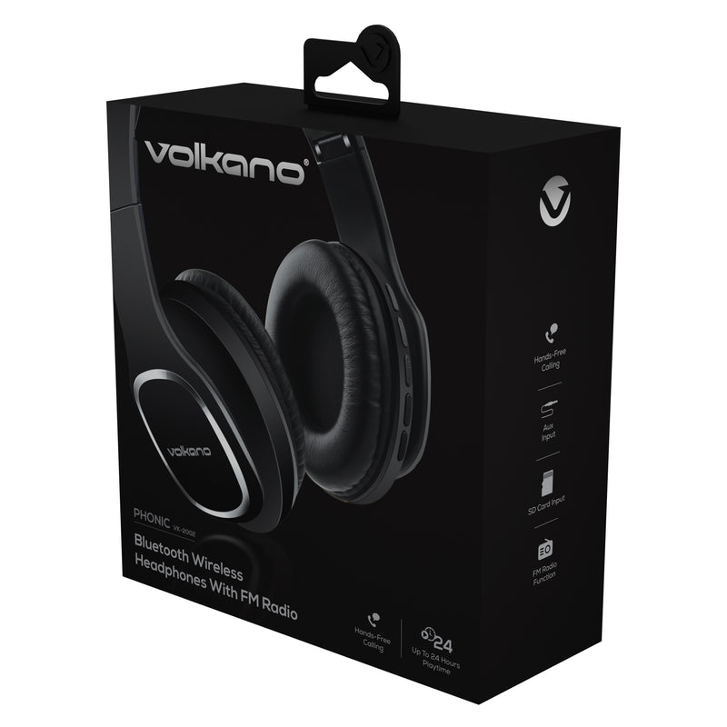 Volkano Phonic Bluetooth Headphones - Built In FM Radio & Micro SD Card Reader - Black - VOLK-VK2002/BLK