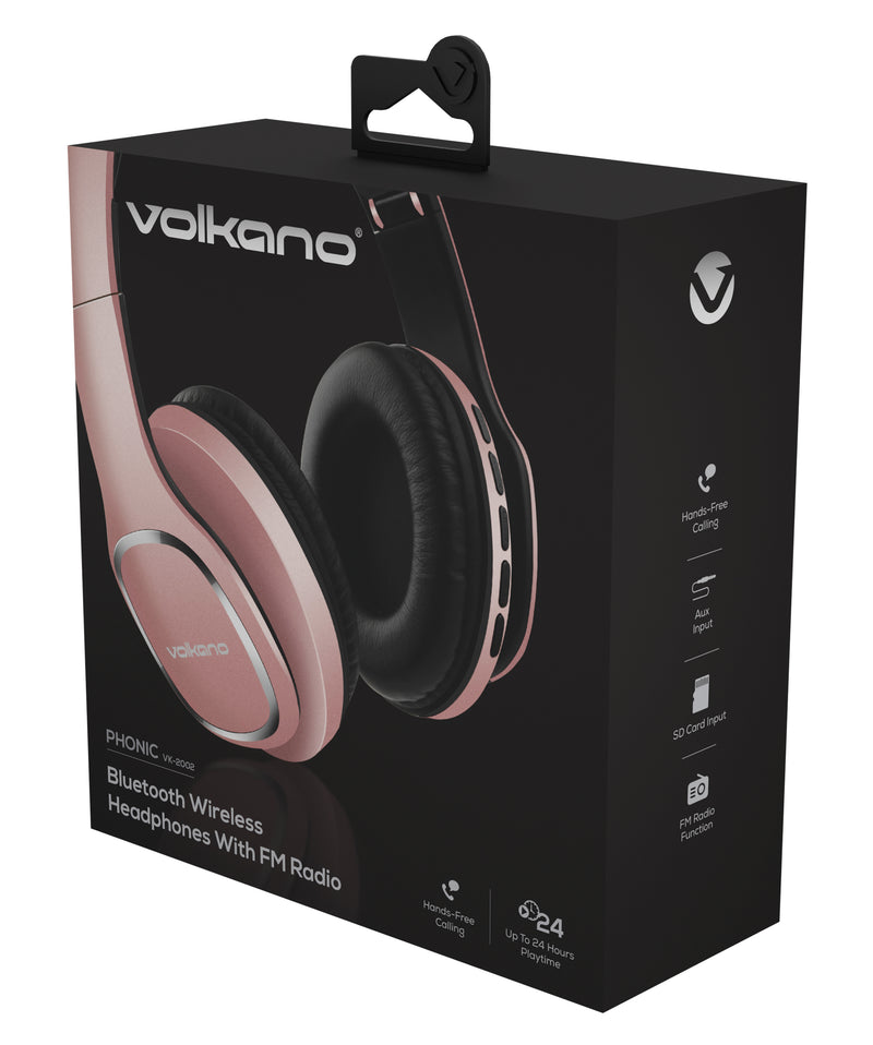 Volkano Phonic Bluetooth Headphones - Built In FM Radio & Micro SD Card Reader - Rose - VOLK-VK2002/ROSE