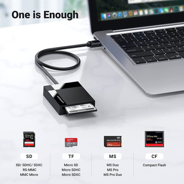 UGREEN 4-in-1 External SD TF USB 3.0 Card Reader - Black- UG-30333