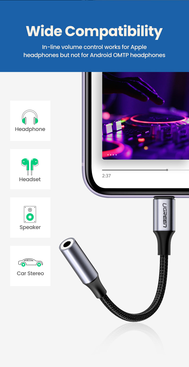UGREEN Lightning to 3.5mm Headphone Adapter - Black/Grey - UG-30756