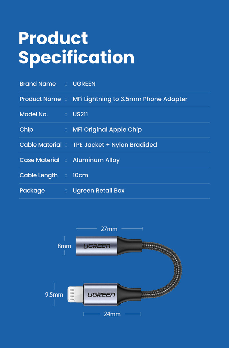 UGREEN Lightning to 3.5mm Headphone Adapter - Black/Grey - UG-30756