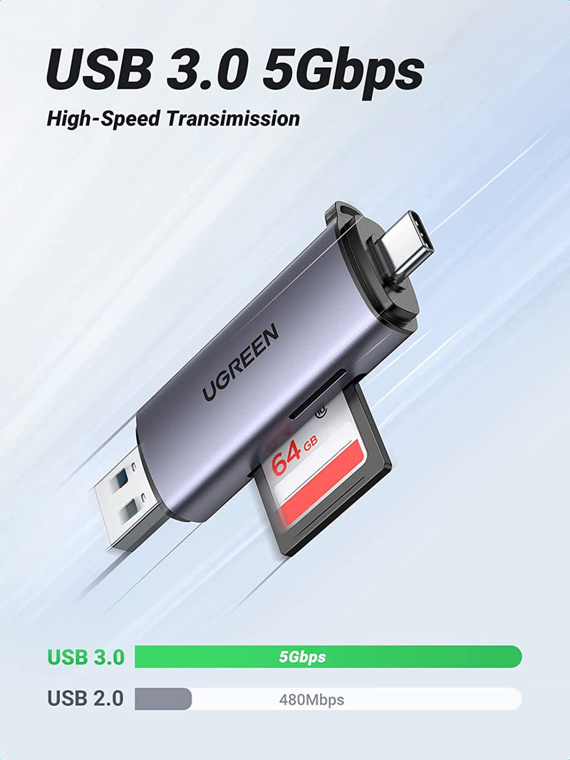 UGREEN 2-in-1 External USB Type C & USB 3.0 OTG Card Reader - Grey - UG-50706