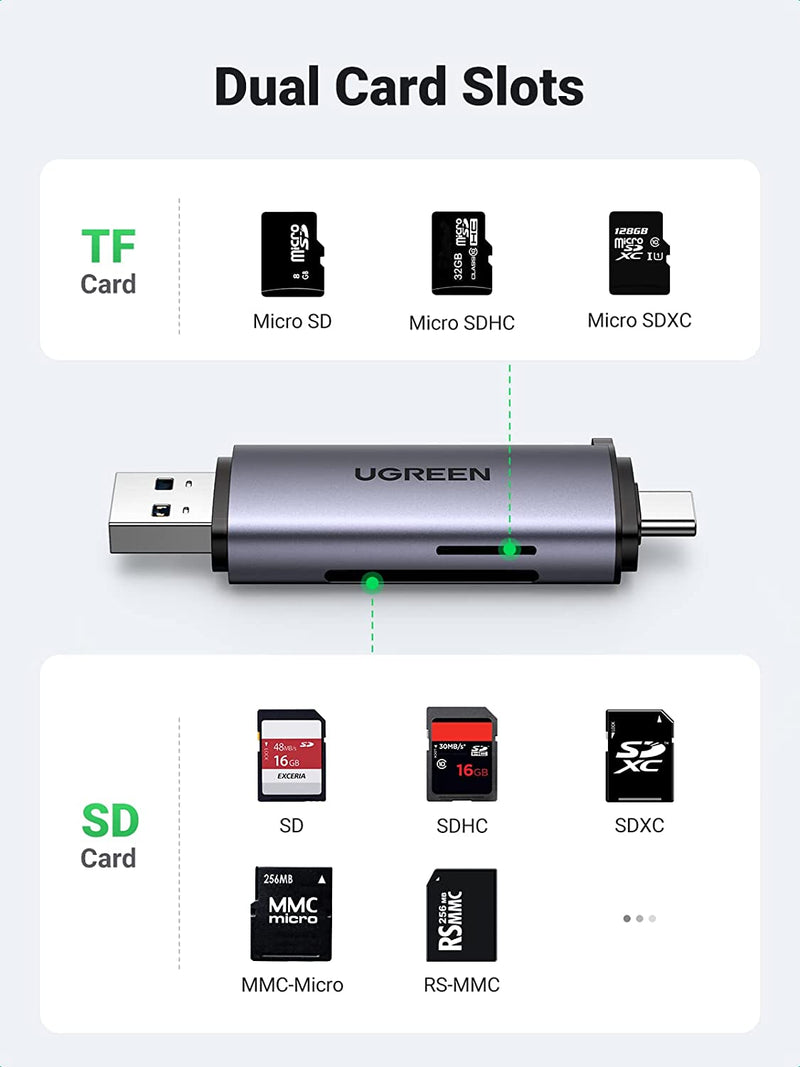 UGREEN 2-in-1 External USB Type C & USB 3.0 OTG Card Reader - Grey - UG-50706