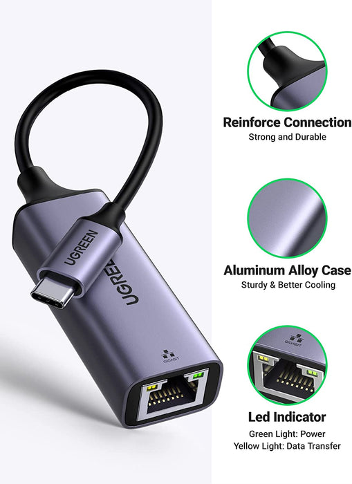 UGREEN USB Type C To Ethernet Gigabit 1000Mbps Adapter - Grey - UG-50737