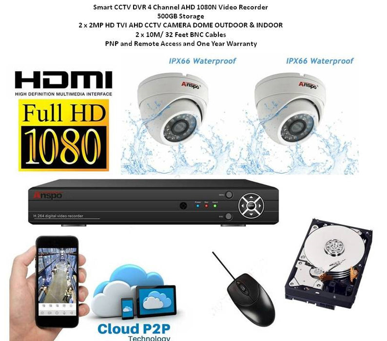 Full HD CCTV Kit - 2 x HD Cameras & 4 Channel 500GB Video Recorder With Cabling - CCTV-4CH/500