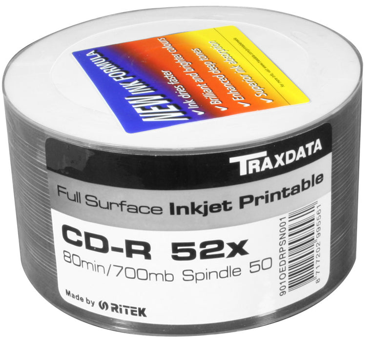 Traxdata CD-R 52X 700MB 80min FF Inkjet Printable – 50 Spindle - CD-KD-50/FFP