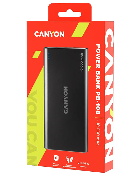 Canyon Micro-USB/Lightning 10,000 mAh Powerbank - Black - CNE-CPB1006B