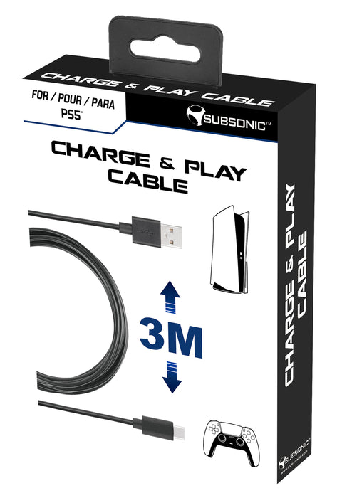 Subsonic USB Type-C Charging Cable For PS5 PlayStation 5 & Xbox Series X Controllers - 3 Metre - Black - SUB-5600