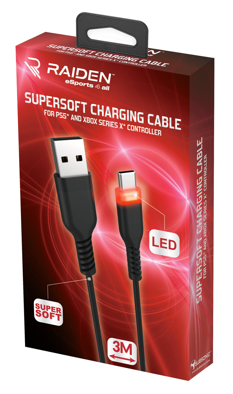 Subsonic Raiden USB Type-C LED Charging Cable For PS5 PlayStation 5 & Xbox Series X Controllers - 3 Metre - Black - SUB-5601