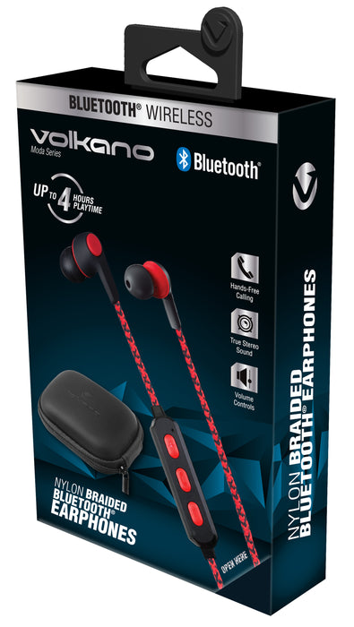 Volkano Moda Series Nylon Braided Bluetooth Earphones - Black/Red - VOLK-VK-1107/RED
