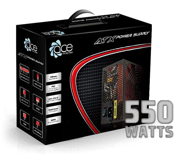 Ace Black 550-BR ATX Power Supply Unit - 120mm Fan - Multi Core CPU - PSU-ACE/550