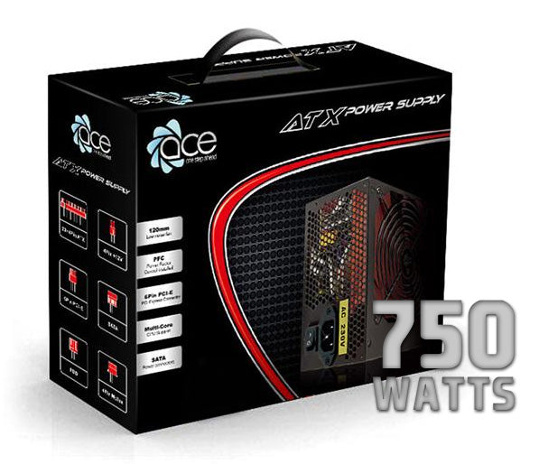 Ace Black 750-BR ATX Power Supply Unit - 120mm Fan - Multi Core CPU - PSU-ACE/750