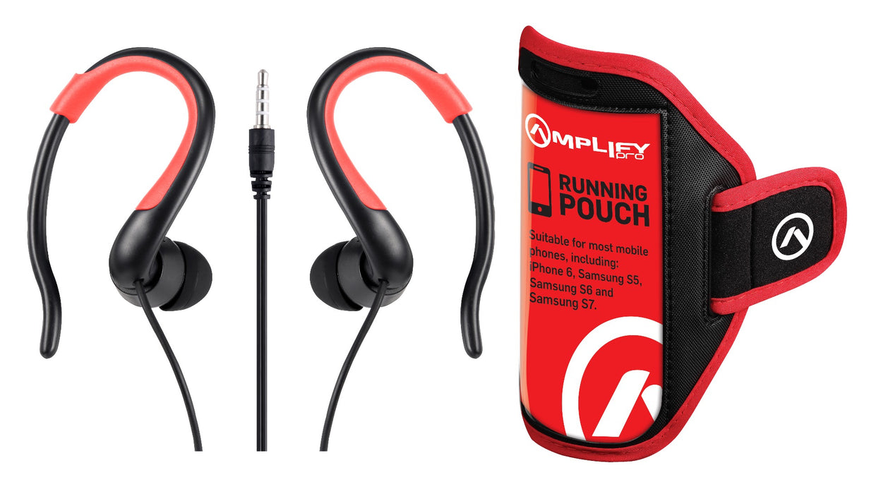 Amplify 2-In-1 Sports Running Armband & Hook-On Earphone Bundle - Black / Red - AMP-BU3-003/BLKRED