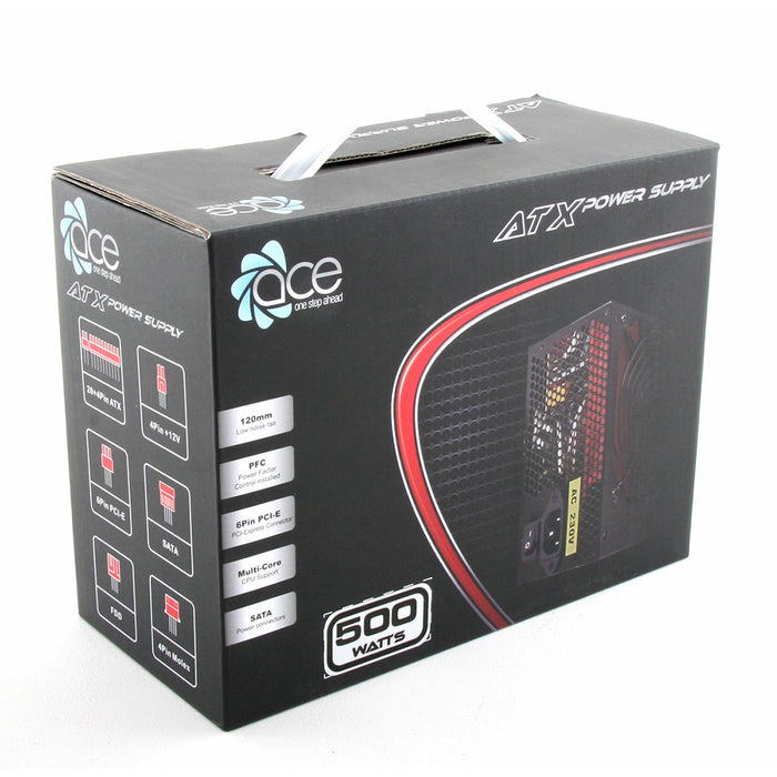 Ace Black 500-BR ATX Power Supply Unit - 120mm Fan - Multi Core CPU - PSU-ACE/500